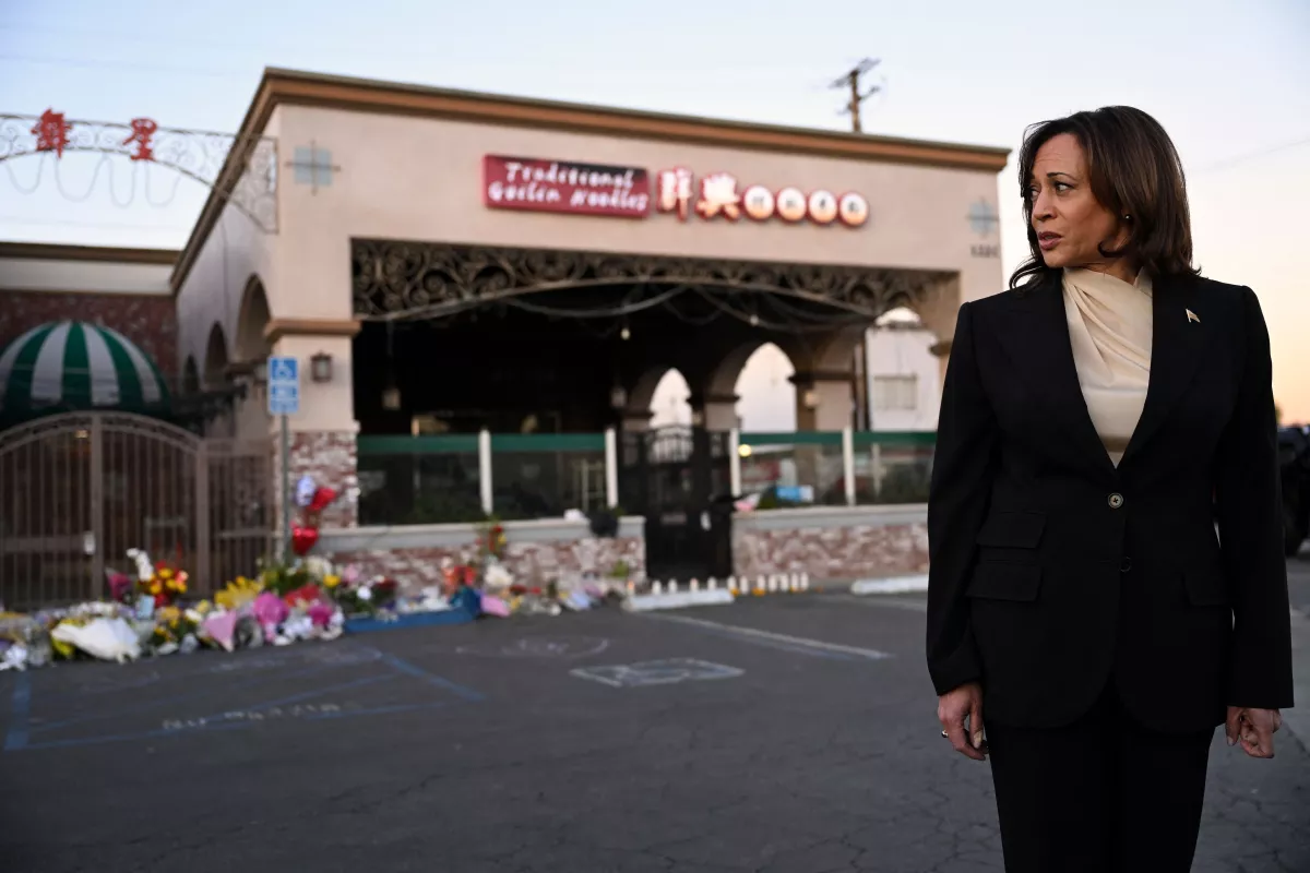 Vice President Harris speaks after paying tribute to the victims of the mass shooting at the Star Ballroom Dance Studio in Monterey Park, Calif., on Jan. 25, 2022.