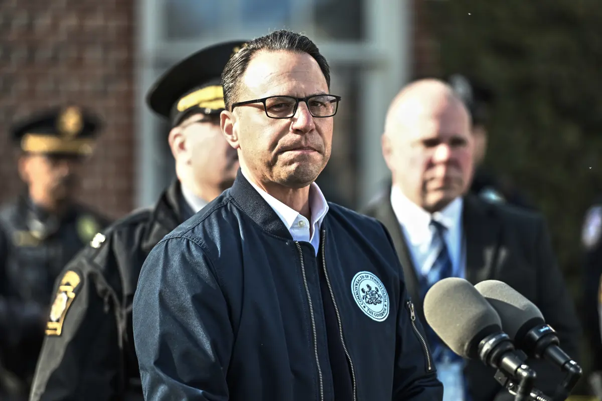 Pennsylvania Gov. Josh Shapiro speaks at a news conference Sunday after an alleged arson at the governor's residence that occurred overnight while he and his family were asleep inside.