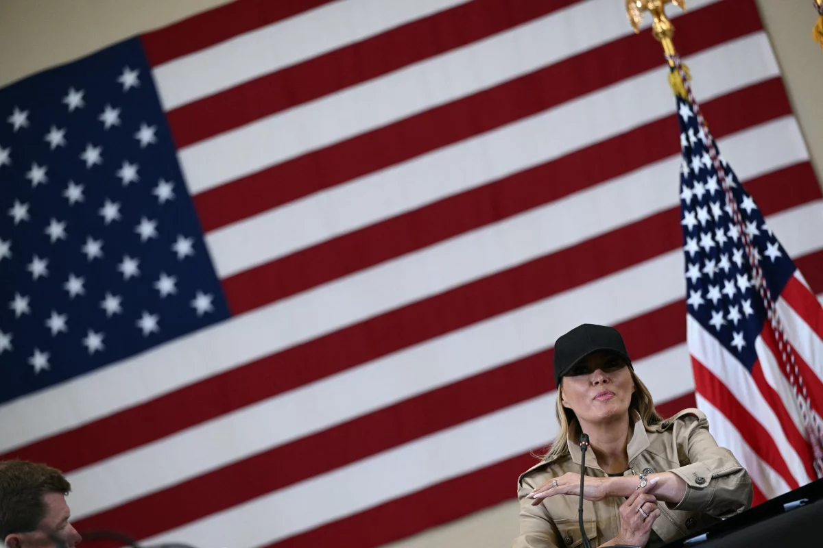 First lady Melania Trump speaks during a meeting with local officials and first responders in Kerrville, Texas, on July 11, following devastating flooding in the area over the July 4 weekend. Brendan SMIALOWSKI / AFP) (Photo by BRENDAN SMIALOWSKI/AFP via Getty Images)