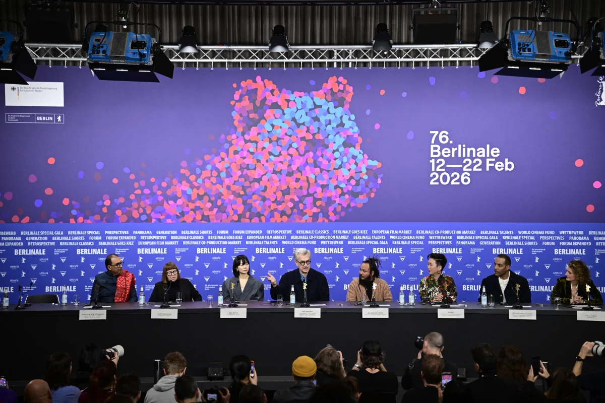 The Berlinale's international jury at a press conference on the festival's opening day on Feb. 12. The jury fielded questions about Gaza and, more broadly, about politics and film.