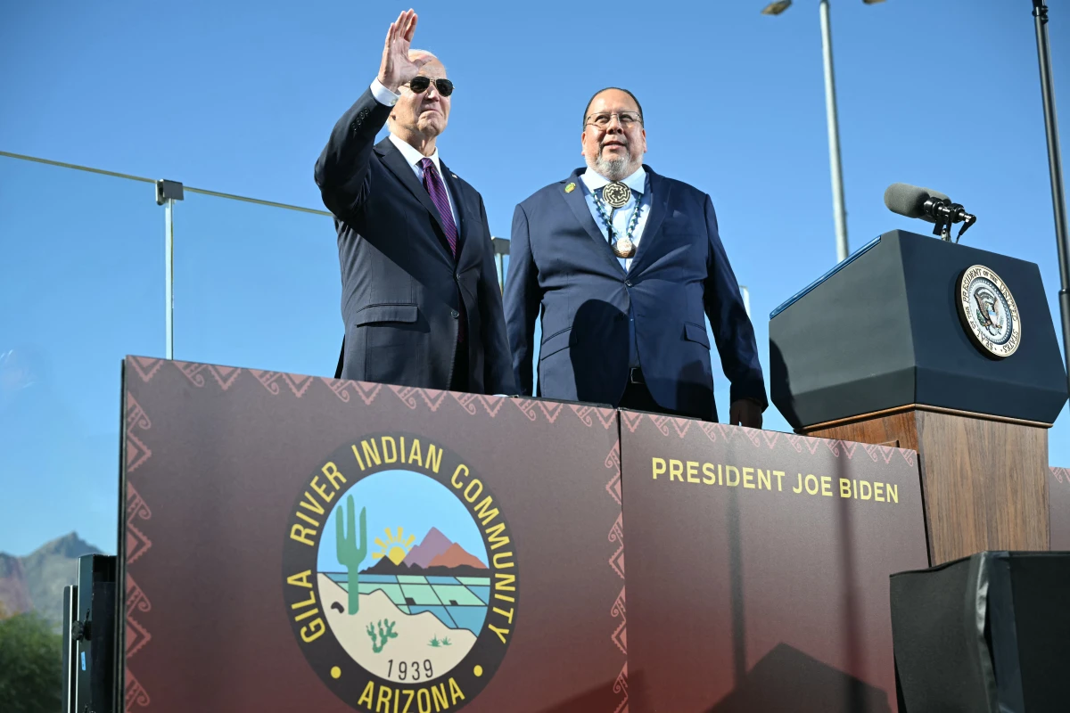 President Biden with Gila River Indian Community Gov. Stephen Roe Lewis on Oct. 25, 2024, when Biden formally apologized for the Indian boarding schools system.