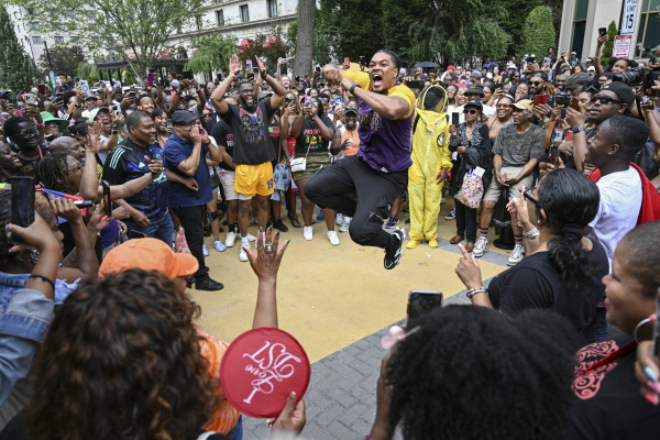 People gather to celebrate Juneteenth in Black Lives Matter Plaza near the White House on June 20, 2023.