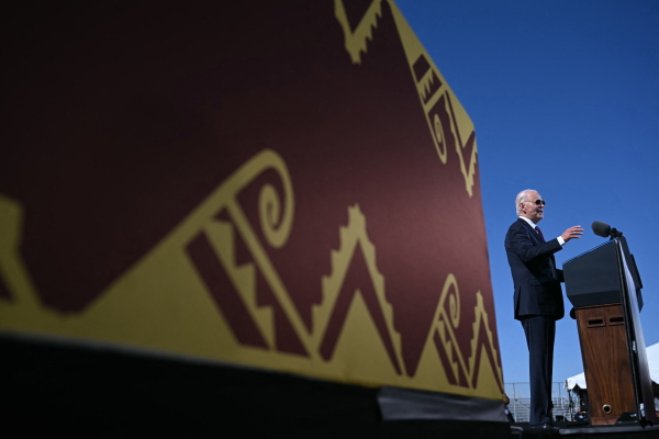 President Joe Biden speaks at the Gila River Crossing School in the Gila River Indian Community, in Laveen Village, near Phoenix, Ariz., on Oct. 25.