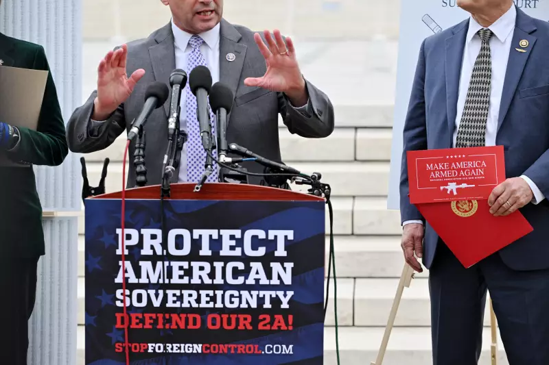 U.S. lawmakers calling for the Supreme Court to "throw out Mexico's lawsuit against US gun manufacturers" in front of the Supreme Court building in Washington, DC, on Nov. 19, 2024.