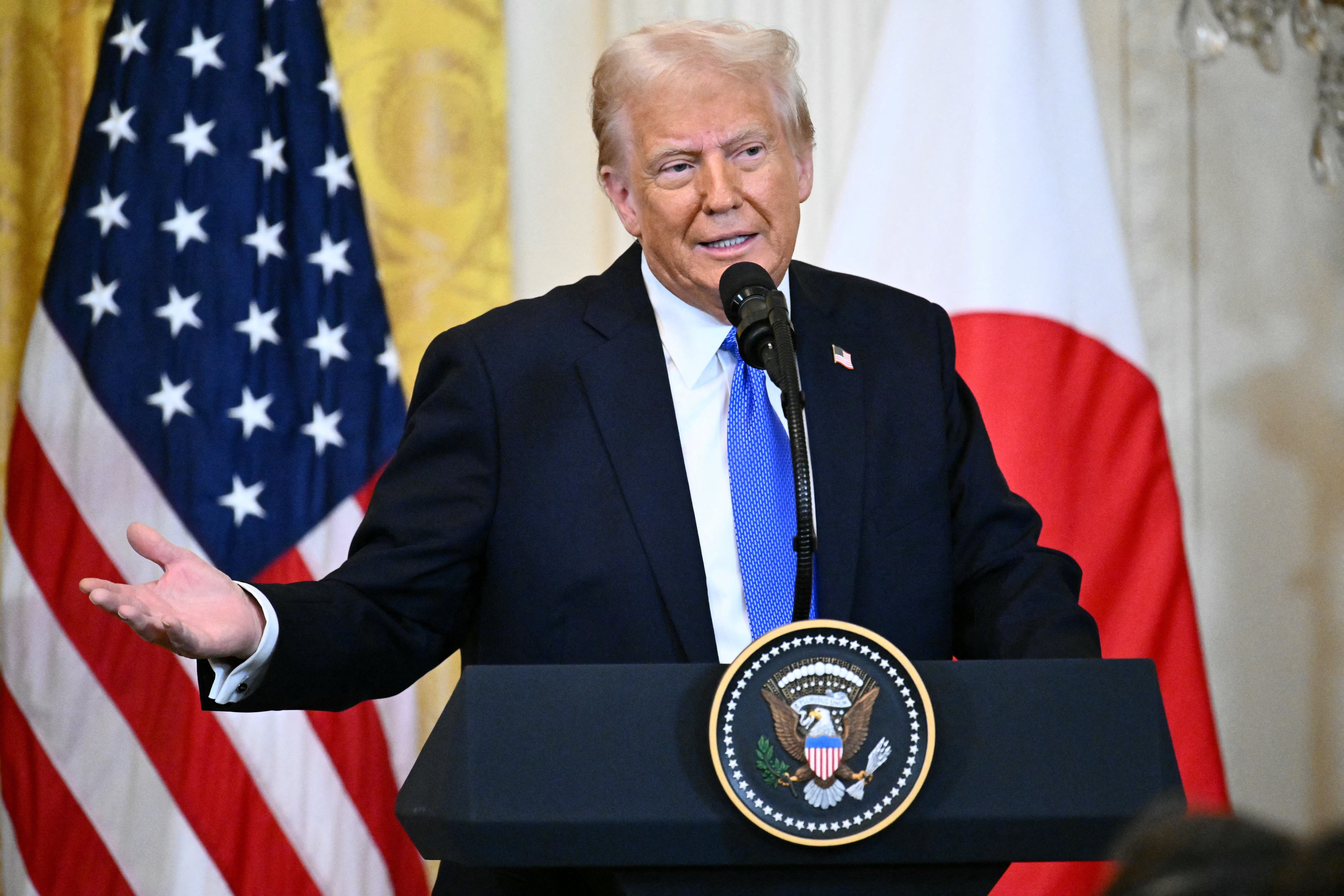 President Trump speaks during a joint press conference with Japanese Prime Minister Shigeru Ishiba following talks, in the East Room of the White House on Friday.