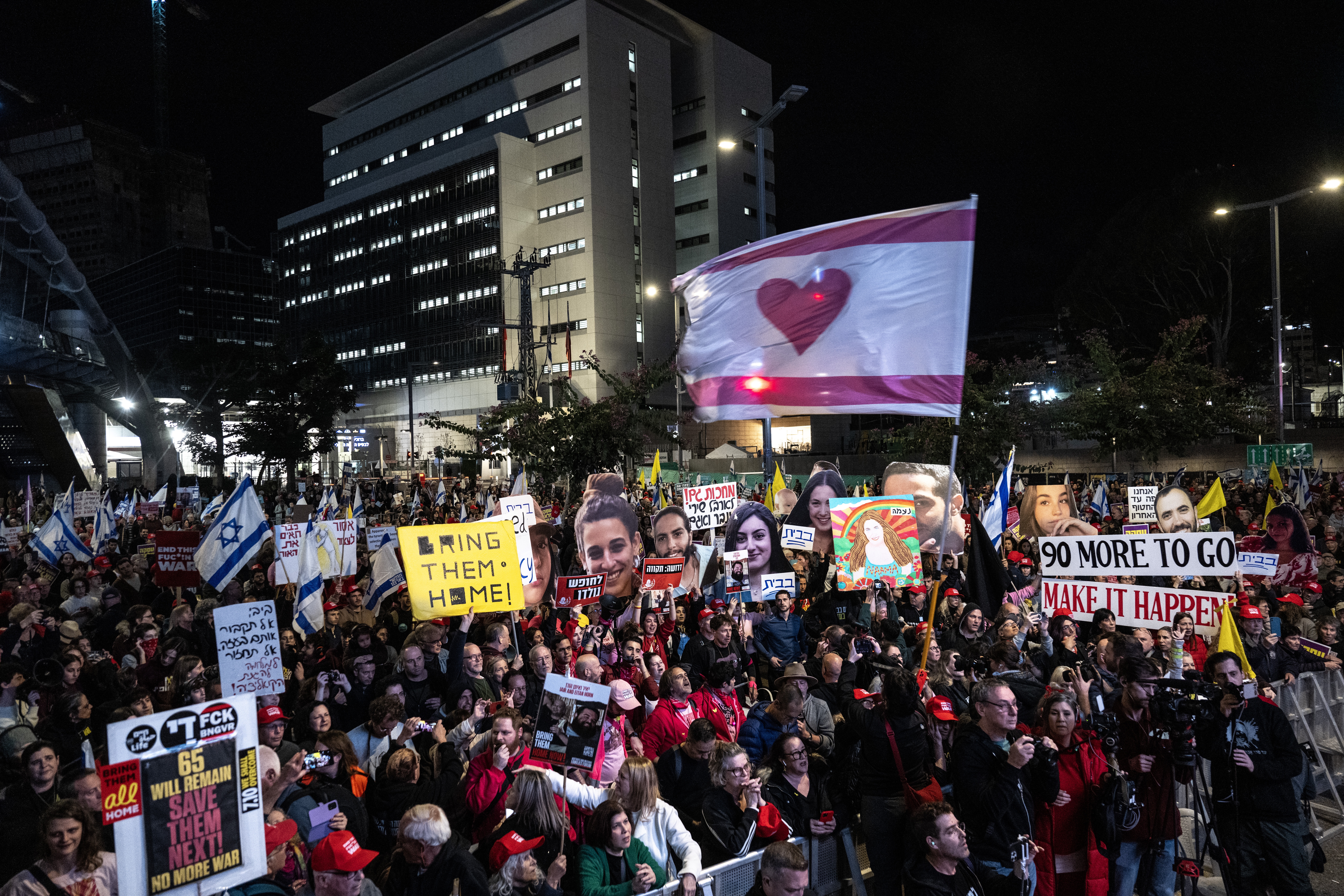 Relatives of Israeli hostages and their supporters demonstrate demanding that the Israeli government adhere to the ceasefire, end the war in Gaza and release all Palestinian prisoners in Tel Aviv, Israel, on Jan. 25.