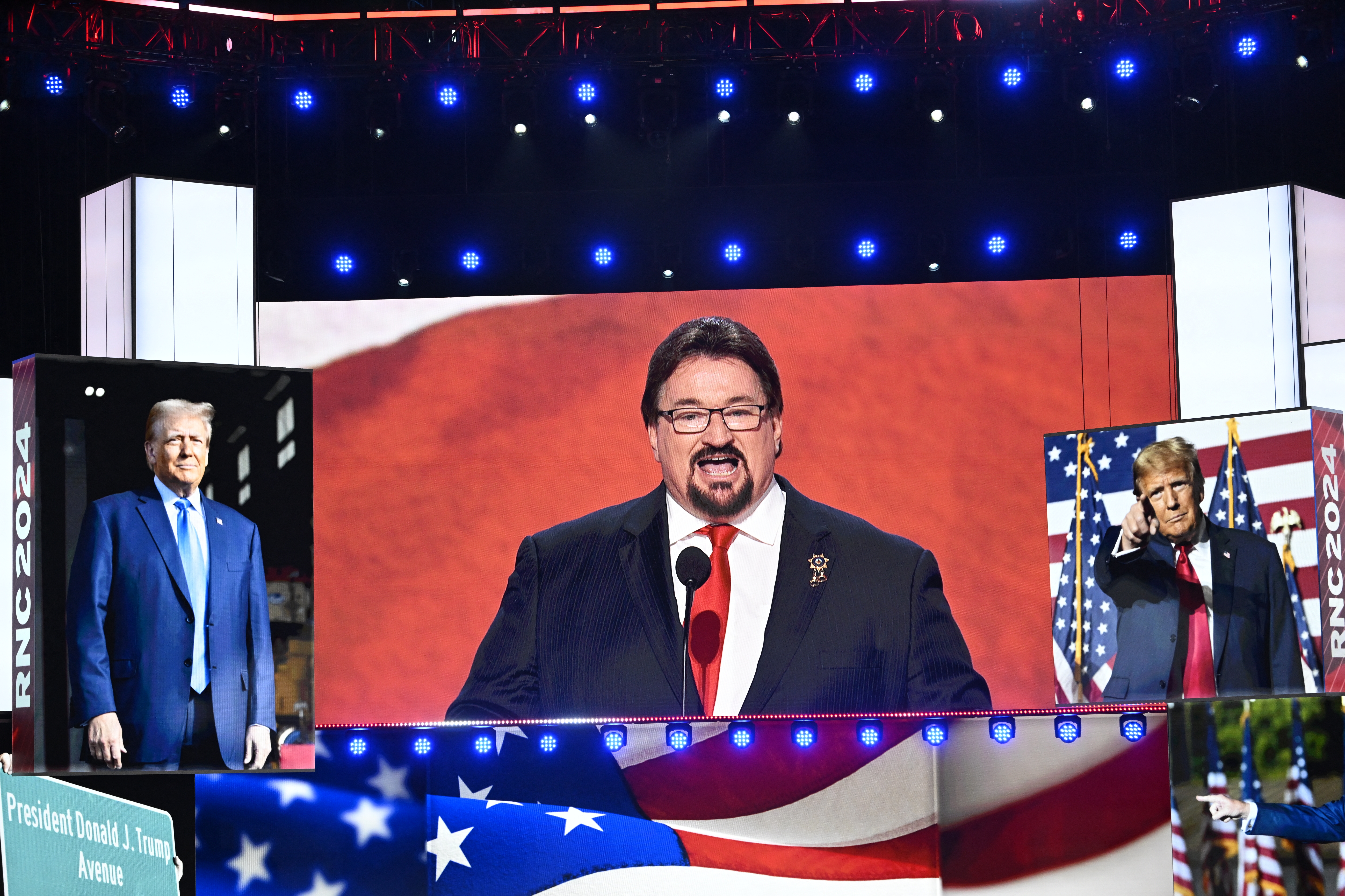 Nevada Republican Party Chair Michael McDonald, one of the 2024 presidential electors facing felony charges related to the 2020 "fake electors" scheme, speaks during the Republican National Convention at the Fiserv Forum in Milwaukee in July.