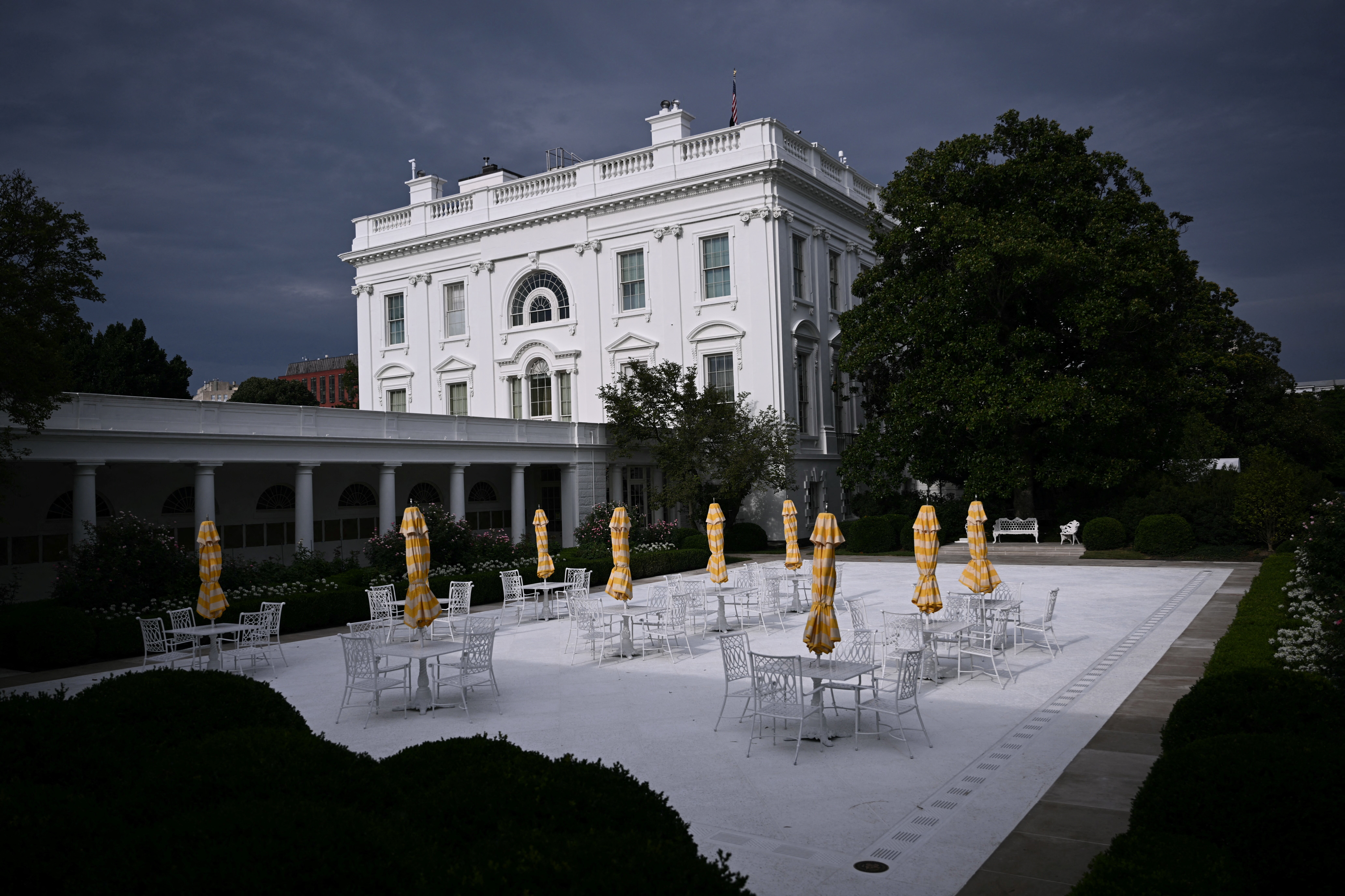 A view of the newly paved Rose Garden is seen at the White House in Washington, DC, on August 6, 2025. US President Donald Trump converted the grass portion of the Rose Garden into a patio space, inspired by his Mar-a-Lago club in Florida.