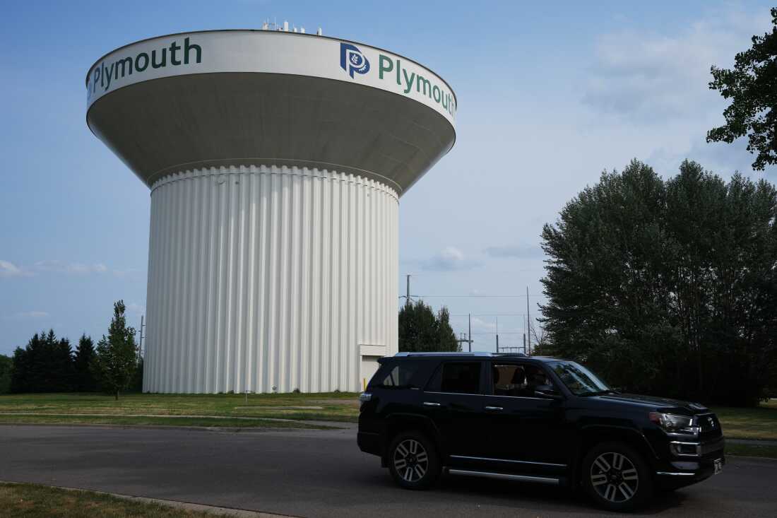 A water tower is seen Thursday, July 30, 2026, in Plymouth, Minn. A cyberattack targeted the operating technology at over 30 water systems in Minnesota, including Plymouth's, earlier this week, state officials said.
