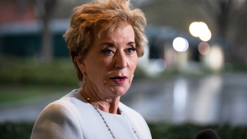 Secretary of Education Linda McMahon speaks to reporters at the White House. The Education department sent a letter to state leaders threatening the loss of funds for K-12 schools that don’t follow its interpretation of civil rights laws.