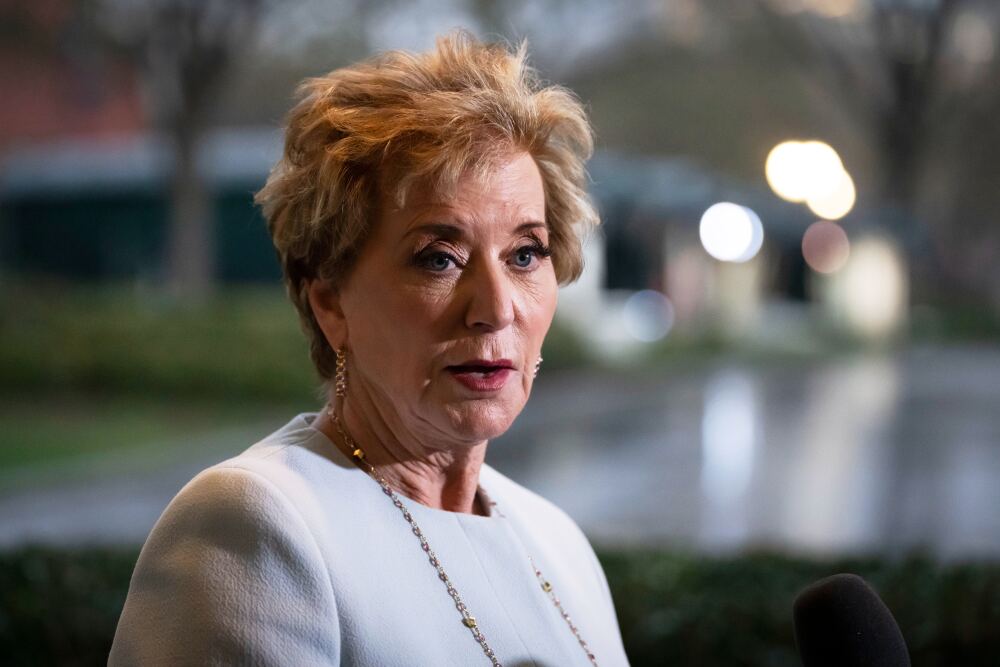 Secretary of Education Linda McMahon speaks to reporters at the White House. The Education Department sent a letter to state leaders warning of the potential loss of funds for K-12 schools that don't follow its interpretation of civil rights laws. (AP)