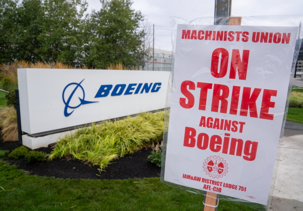 A strike sign is pictured outside a Boeing factory in Renton, Wash. The Boeing Machinists union has voted to reject the airplane maker's contract offer twice and has been on strike more than six weeks.