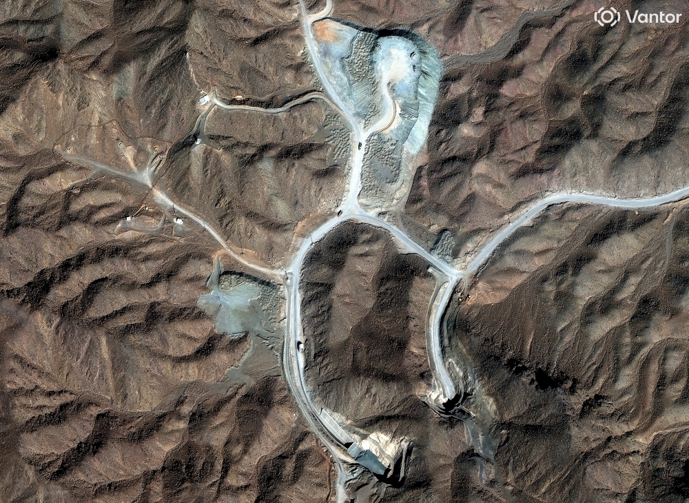 A Vantor satellite image on Nov. 14, 2025, shows tunnel construction activity and associated spoil piles at Pickaxe Mountain near the Natanz nuclear facility in Iran. (Getty Images)