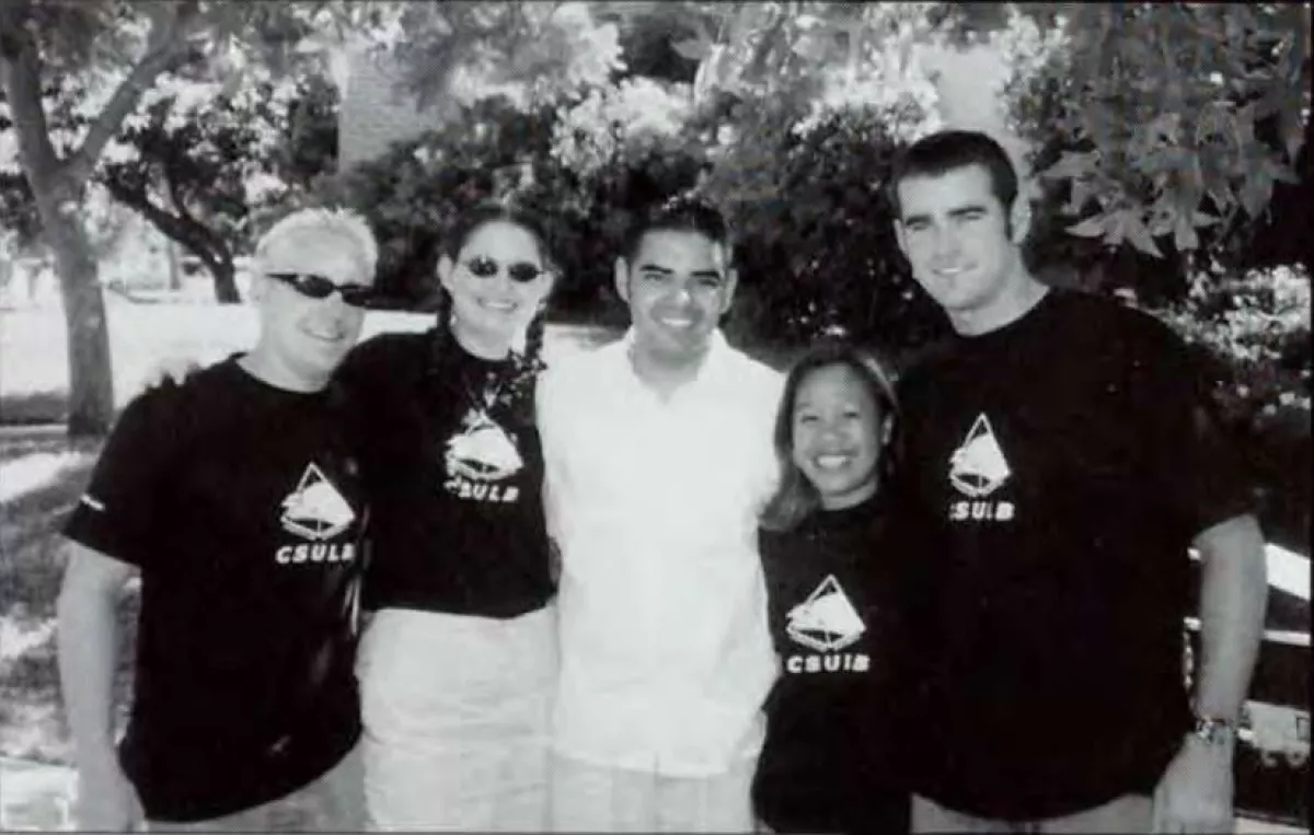 Then-student government president Robert Garcia (middle) stands with fellow students Chance Decker (left), Casey Mercer (left of center), Sheryl Mauricio (right of center) and Wayne Stickney-Smith (right).