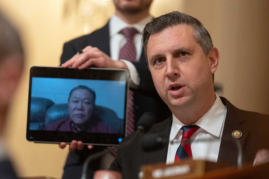 Rep. Seth Magaziner, D-R.I., speaks while joined on a video call by Sae Joon Park during a hearing of the House Committee on Homeland Security on Dec. 11, 2025.