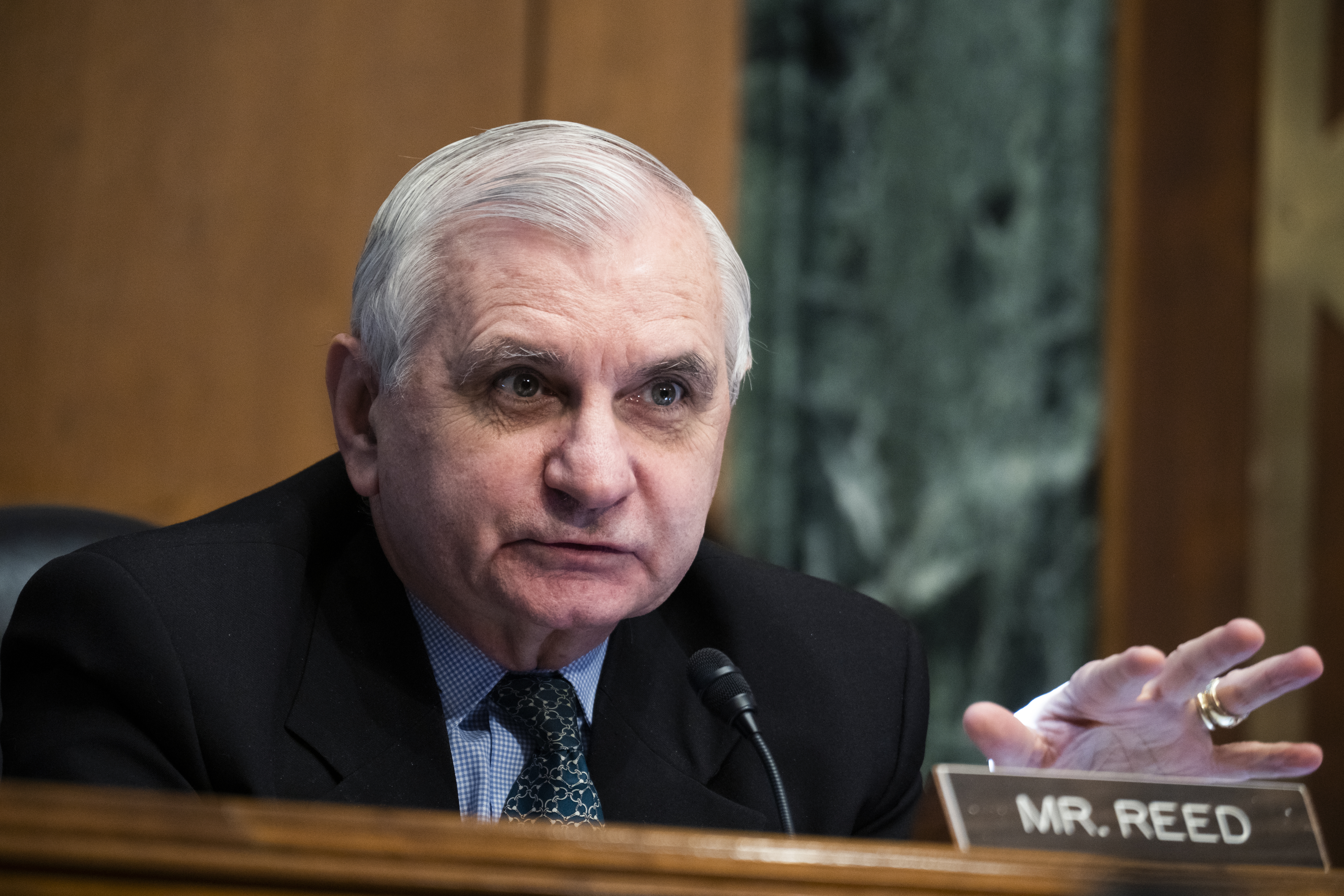 Sen. Jack Reed (D-RI) questions U.S. Federal Reserve Chair Jerome Powell as he testifies at a Senate Banking, Housing, and Urban Affairs Committee hearing on the Fed