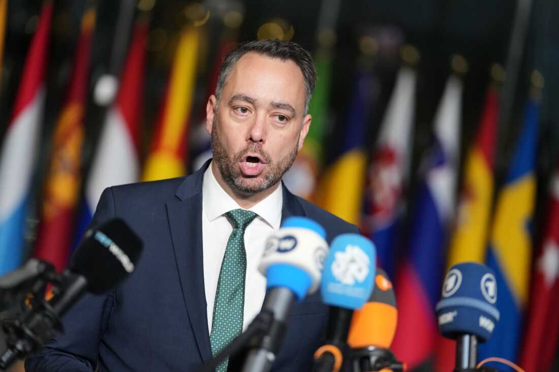 Belgium's Foreign Minister Maxime Prevot speaks with the media as he arrives for a meeting of NATO foreign ministers at NATO headquarters in Brussels, on Wednesday.
