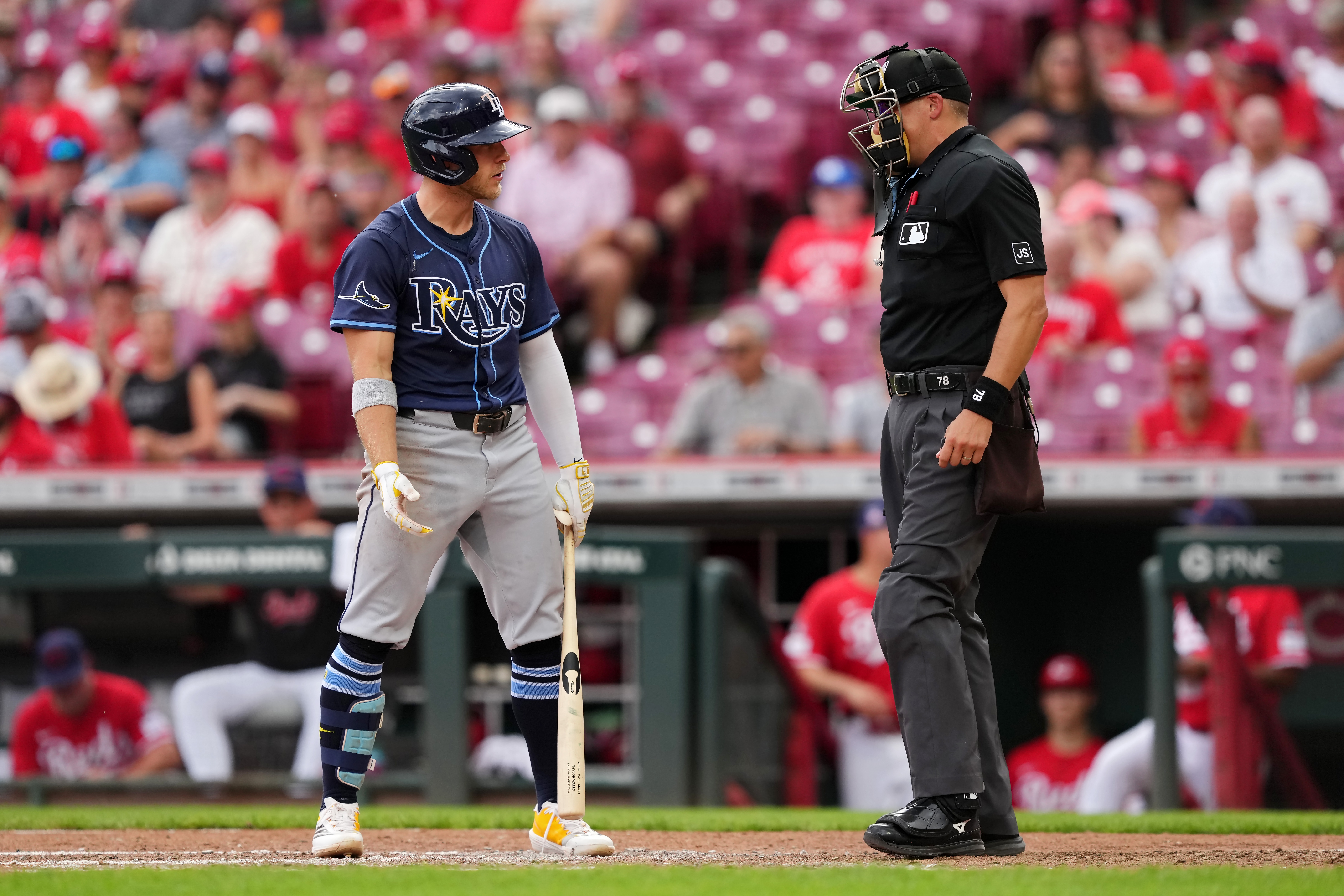 Taylor Walls of the Tampa Bay Rays argues with umpire Adam Hamari after being called out on strikes during a game against the Cincinnati Reds on July 27, 2025.