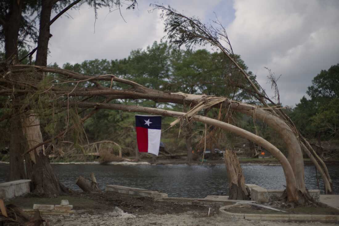 A Texas flag hangs from a flood-damaged tree on the bank of the Guadalupe River in Kerrville, Texas after deadly floods in July 2025.
