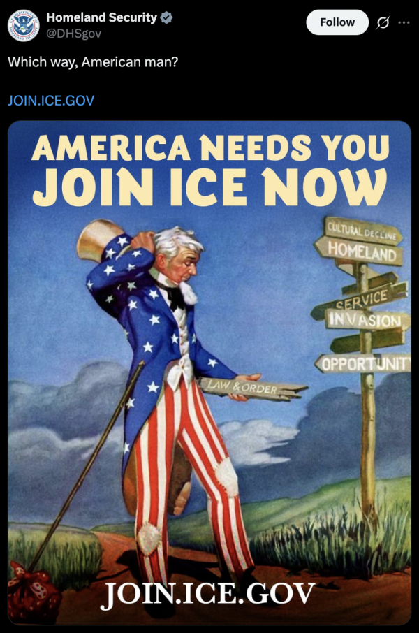 The phrase “Which way, American man?” is similar to a meme that borrows the title of the 1978 book “Which Way Western Man?” by white nationalist William Gayley Simpson.