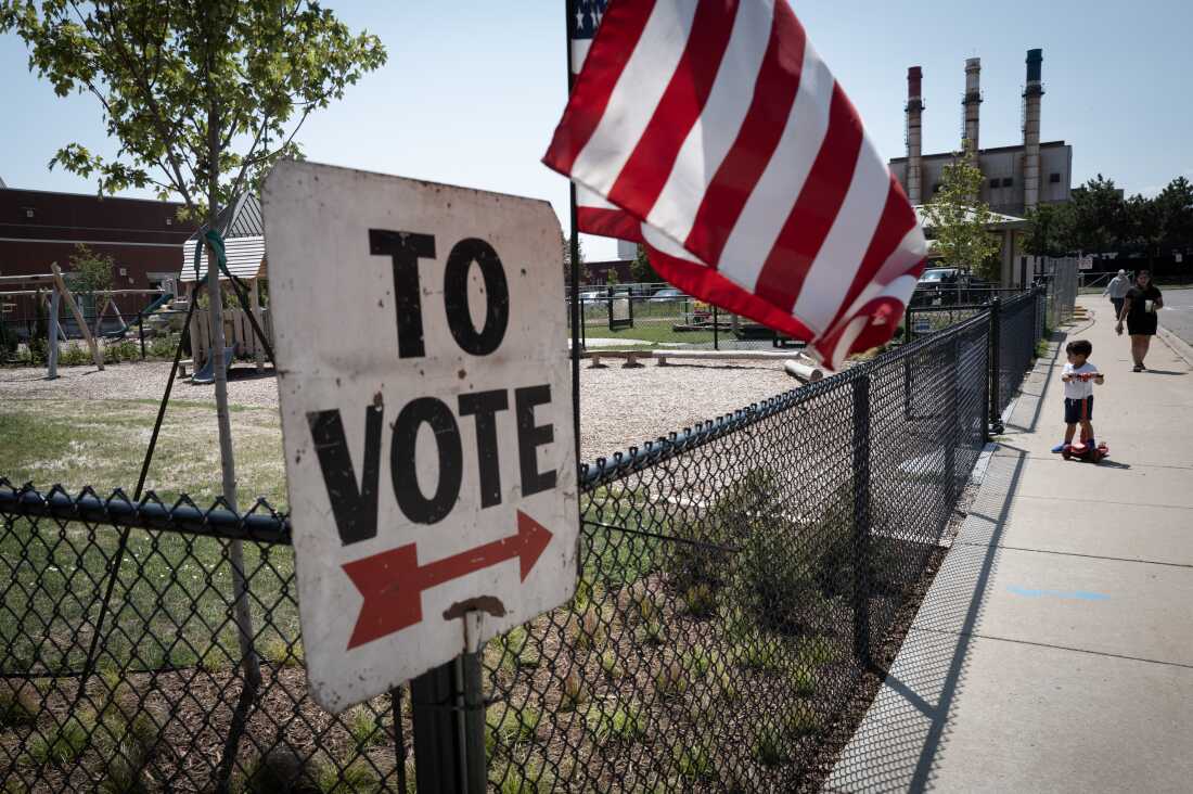 DEARBORN, MICHIGAN - AUGUST 04: A sign directs residents to a polling place August 04, 2026 in Dearborn, Michigan. Michigan has a nationally watched U.S. Senate primary where Rep. Haley Stevens (D-MI) is competing against epidemiologist Abdul El-Sayed to decide who will run against former Republican Rep. Mike Rogers for Michigan's open U.S. Senate seat.