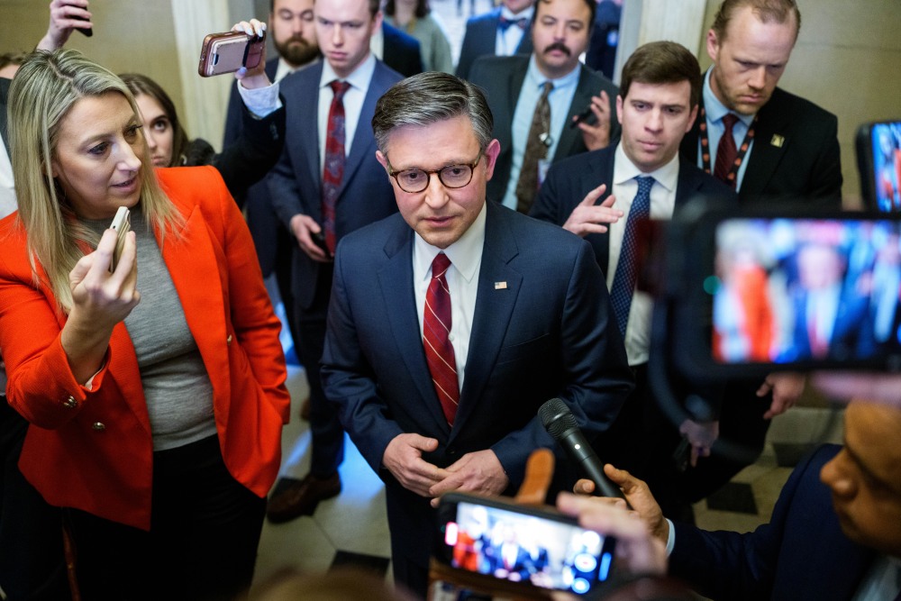 House Speaker Mike Johnson, R-La., speaks with reporters following a rules vote on funding the U.S. government, at the U.S. Capitol on Feb. 3. (Getty Images)
