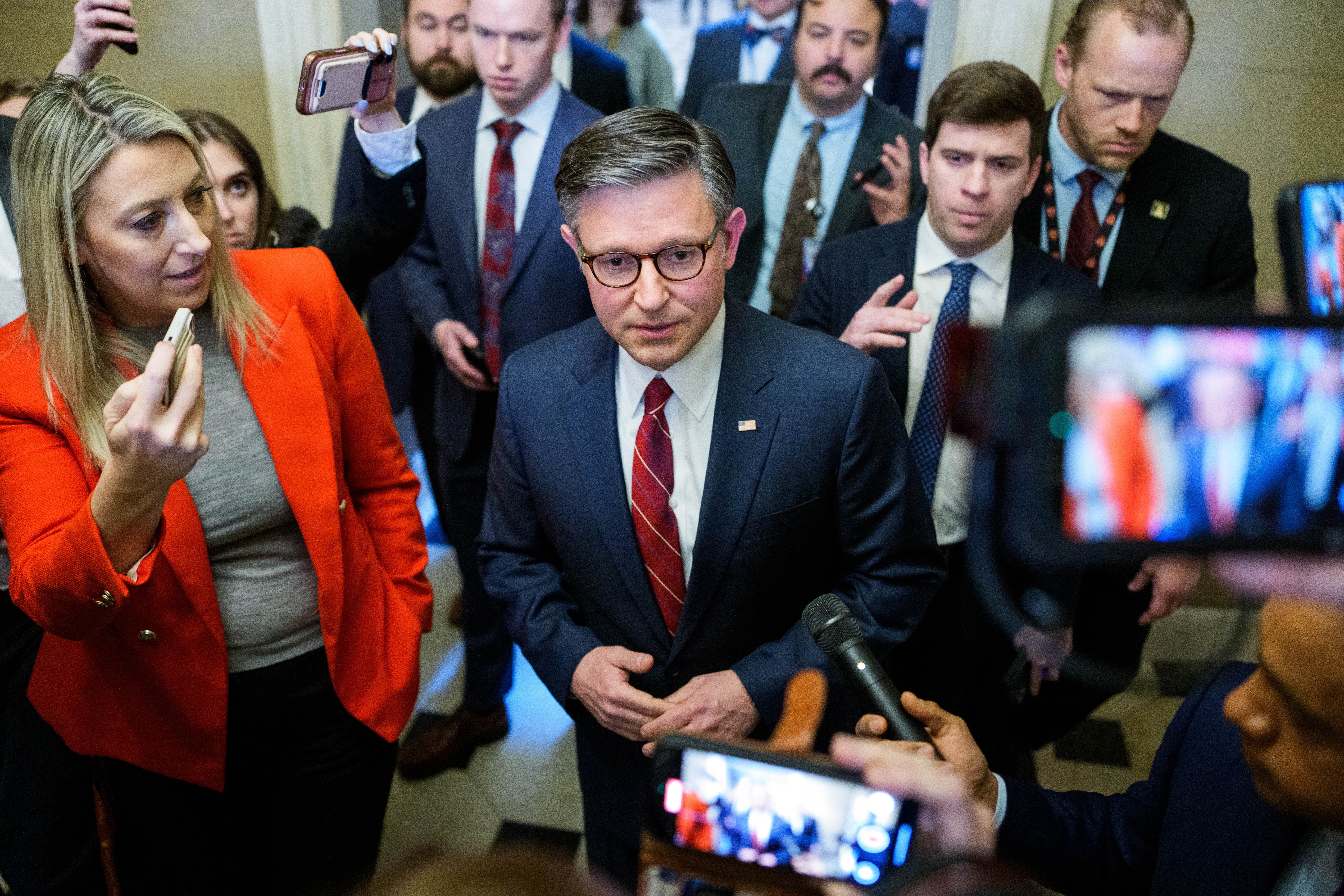 House Speaker Mike Johnson, R-La., speaks with reporters following a rules vote on funding the U.S. government, at the U.S. Capitol on Feb. 3. (Getty Images)