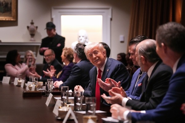 In this photo, President Trump is seated at a long conference table with members of his administration. Wearing a blue suit and red tie, he is smiling and looking toward people seated to his left. Elon Musk stands in the background, wearing a baseball cap.