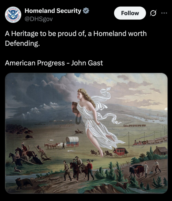 John Gast’s 1872 painting “American Progress” is closely identified with the 19th-century concept of “manifest destiny” — the belief that white settlers were destined by God to expand across the continent.
