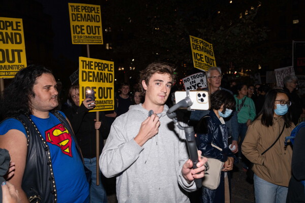 YouTuber Nick Shirley films protestors demonstrating against U.S. Immigration and Customs Enforcement (ICE) arrests in New York City in October.
