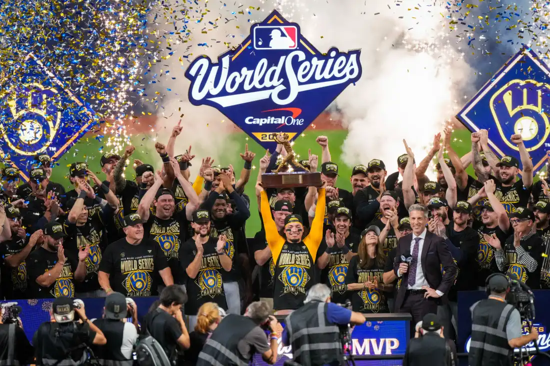 Milwaukee Brewers catcher William Contreras holds the MVP trophy after winning baseball's World Series against the Tampa Bay Rays, Wednesday, Oct. 28, 2026, in St. Petersburg, Fla.