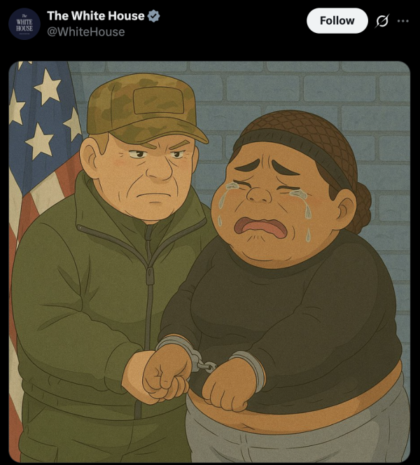 This White House post used AI to recreate a photograph of a Dominican woman crying during her immigration arrest in the animation style of Studio Ghibli.