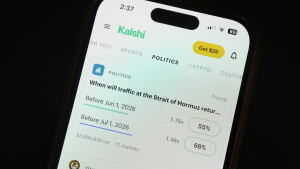 The prediction market app Kalshi is displayed on a mobile phone Thursday, April 16, 2026, in Chicago.