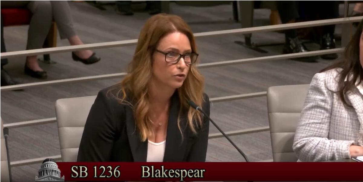 Insurance industry representative Steffanie Watkins testifies April 24 before the Senate Standing Committee on Health, in opposition to a bill that would have created an annual open enrollment period for Medigap insurance. This could have allowed seniors greater flexibility in switching from Medicare Advantage plans to traditional Medicare.