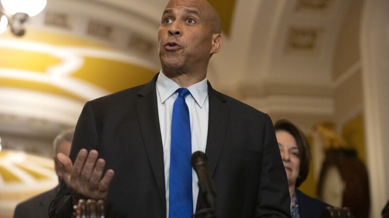 Sen. Cory Booker, D-N.J., speaks to reporters in the Capitol.