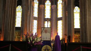 A photograph of Pope Francis is placed at Saint Anthony Catholic church in Istanbul, Turkey, Monday, April 21.