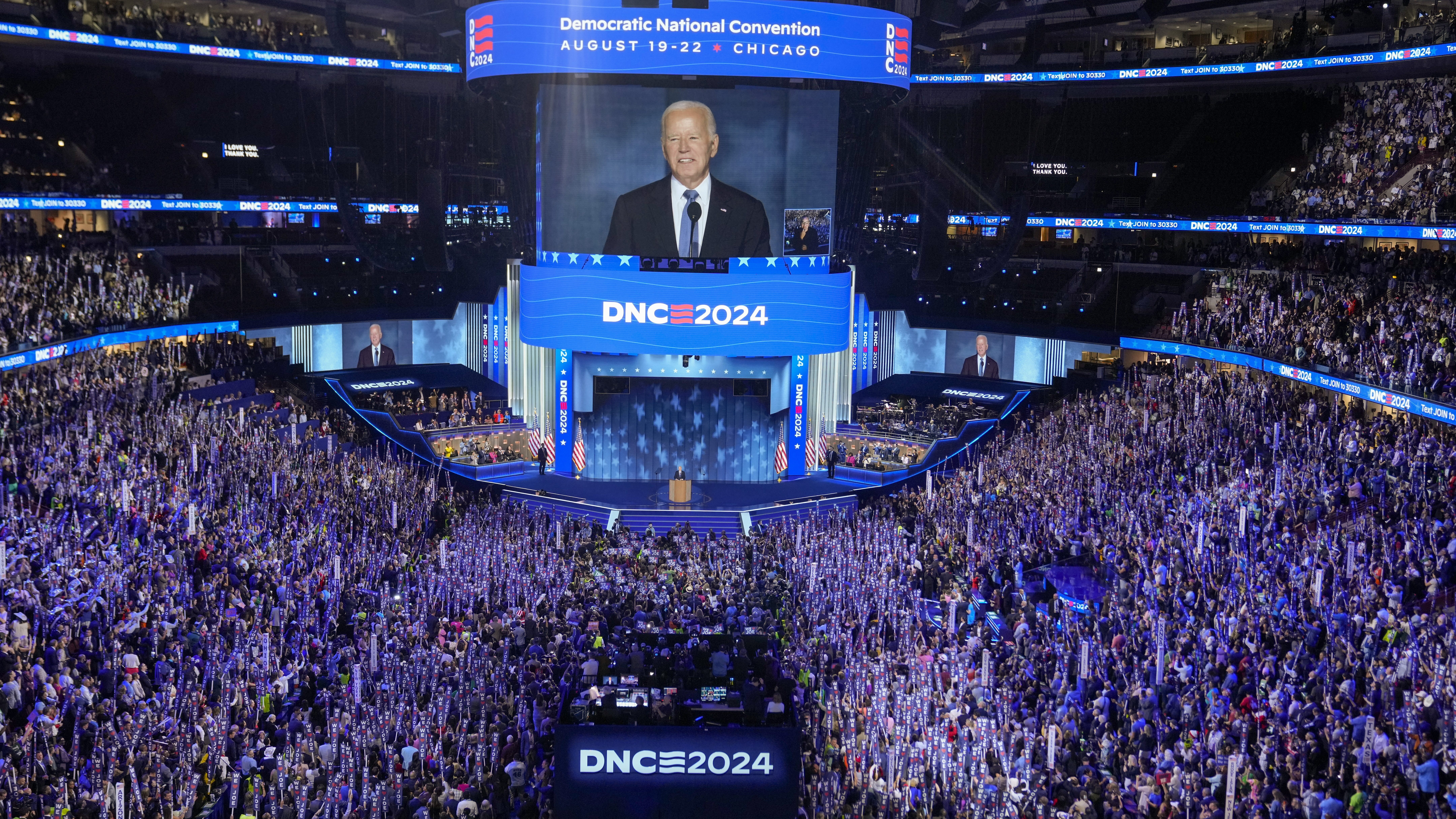 President Biden speaks during the Democratic National Convention on Monday in Chicago