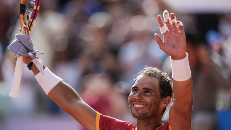 Rafael Nadal celebrates his victory over Marton Fucsovics during the men's singles tennis competition at the 2024 Summer Olympics on July 28, 2024, in Paris. Nadal has announced he will retire from tennis following the Davis Cup finals in November.