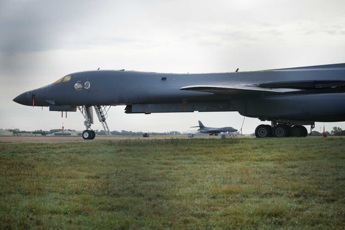 A B1 USAF bomber on the tarmac at RAF Fairford in Fairford, England, Monday, Sept. 28, 2026.