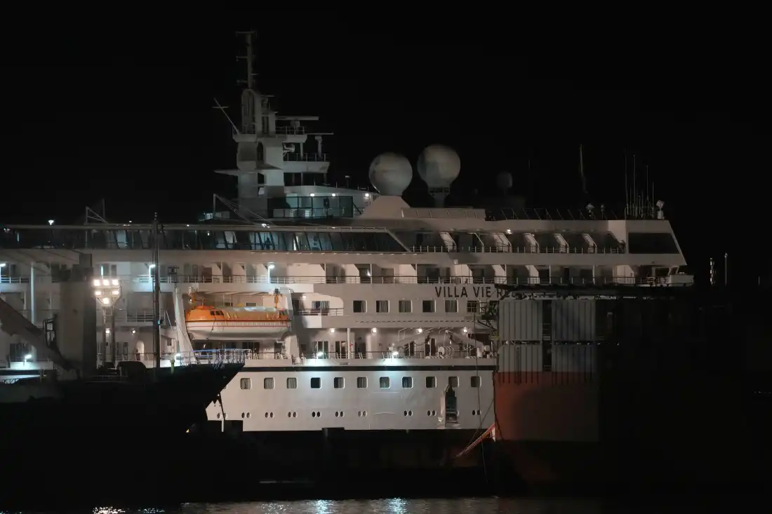 A U.S. cruise ship, the MV Odyssey, docks at the Sihanoukville Autonomous Port in Sihanoukville, Cambodia, late Wednesday evening, Oct. 28, 2026.