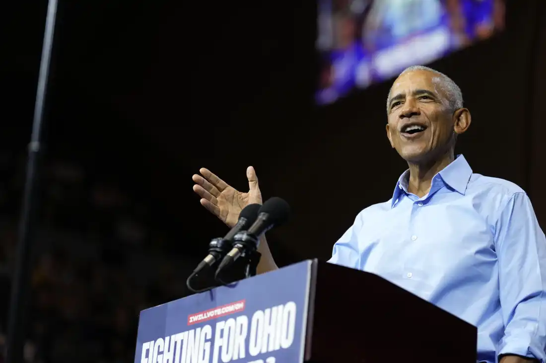 Former President Barack Obama speaks during a campaign rally for Democratic Ohio Senate candidate Sherrod Brown, Saturday, Oct. 24, 2026, in Cleveland.