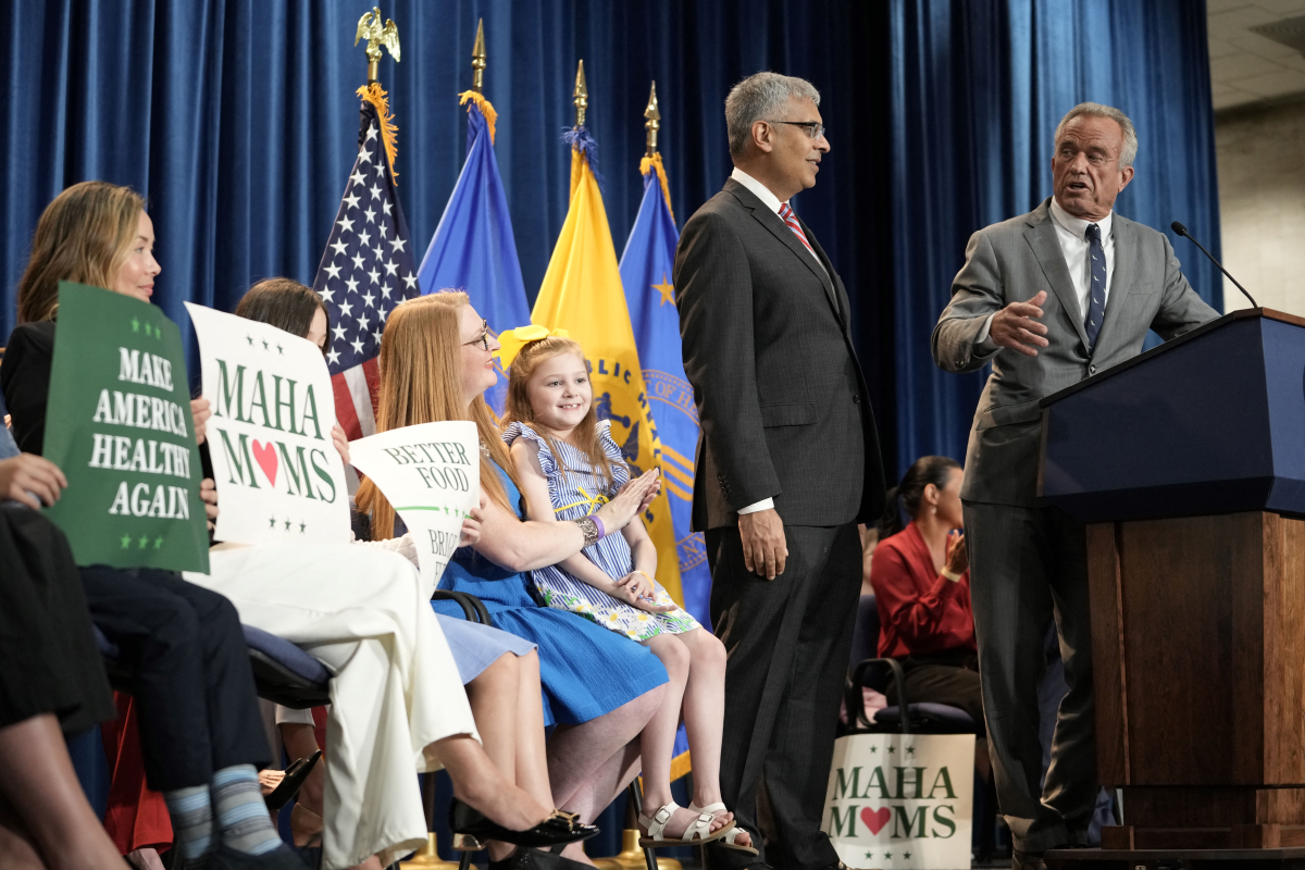 Secretary of Health and Human Services Robert F. Kennedy Jr. speaks at a press conference with Director of the National Institutes of Health Jayanta Bhattacharya on the FDA's intent to phase out the use of petroleum-based synthetic dyes in the nation's food supply, at the Department of Health and Human Services on April 22.