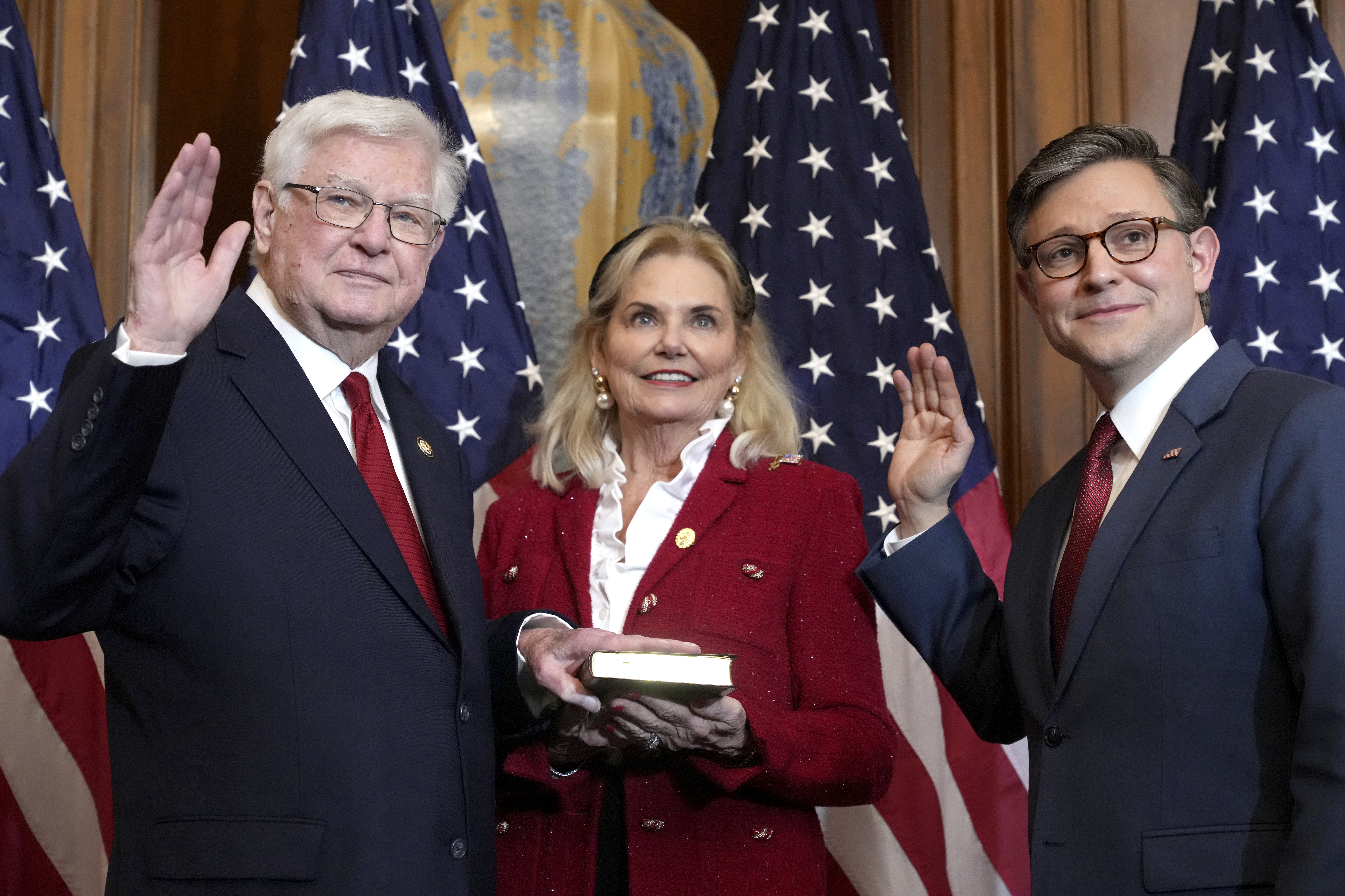 GOP Rep. Hal Rogers of Kentucky, left, poses during a ceremonial swearing-in with House Speaker Mike Johnson, a Republican from Louisiana, at the U.S. Capitol in January. On Monday, Rogers led Republican members of the House Appropriations Committee in releasing one of the latest bills in Congress that call for excluding millions of people living in the states without U.S. citizenship from a set of census counts that the 14th Amendment says must include the "whole number of persons in each state." (AP)