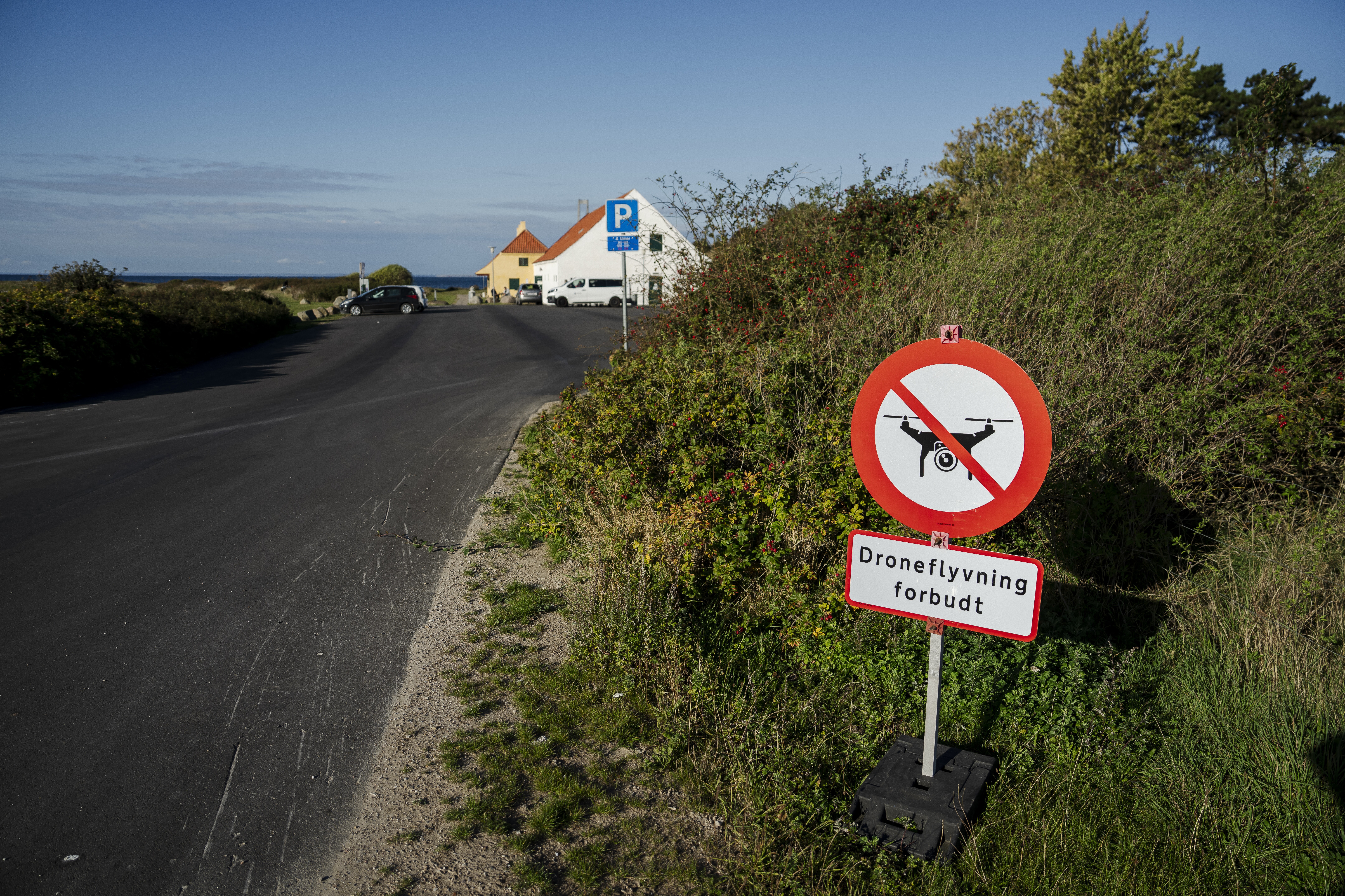 A sign reading "drone flying prohibited" is pictured in Halsskov, West Zealand, Denmark. Denmark banned all civilian drone flights across the country as Copenhagen hosted a European summit, after mysterious drone sightings across the country began in September.