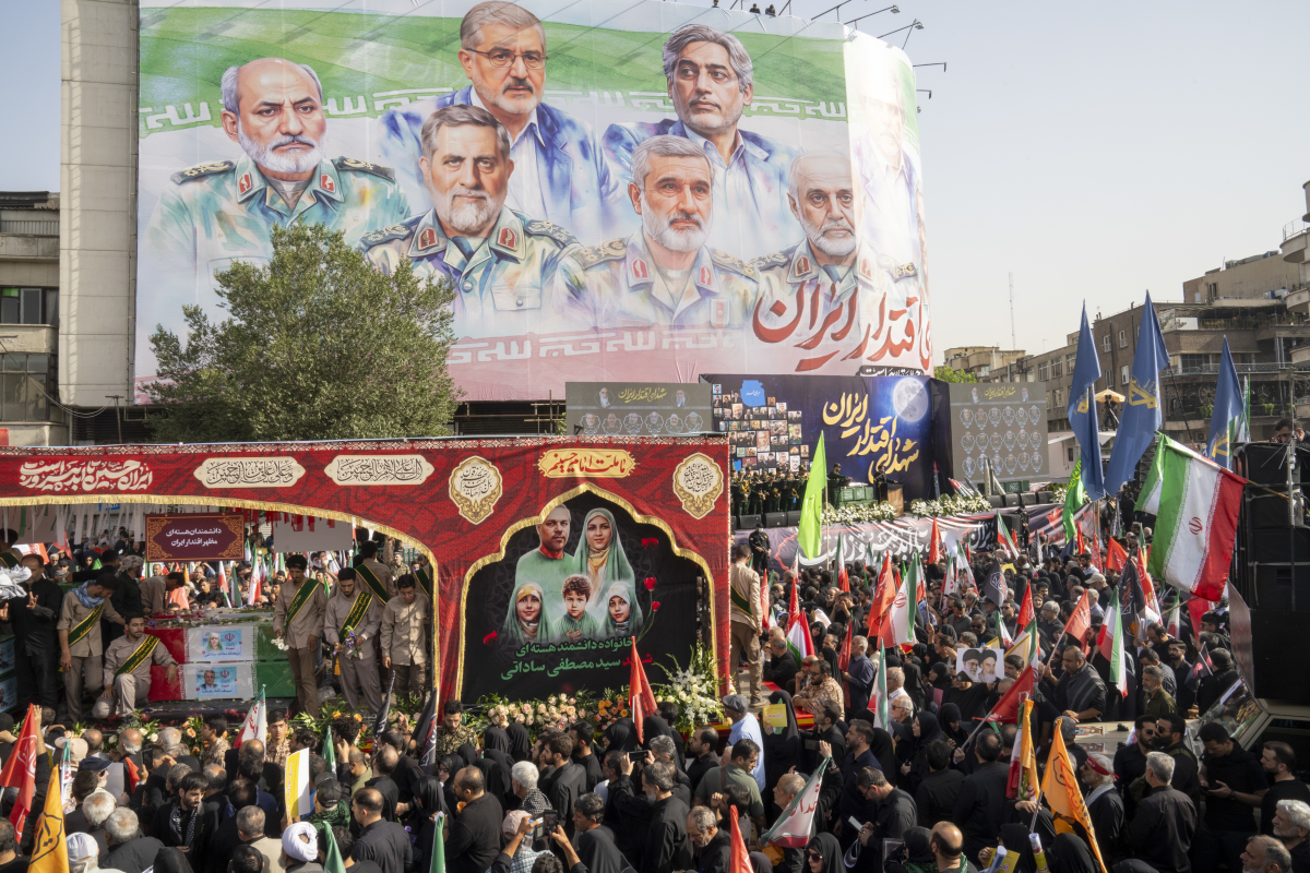Thousands of Iranians attend the funeral ceremony Saturday for approximately 60 people killed in Israeli strikes on Iran, including high-ranking military officials, nuclear scientists, and civilians. Israel and Iran fought for 12 days before a ceasefire last Tuesday.