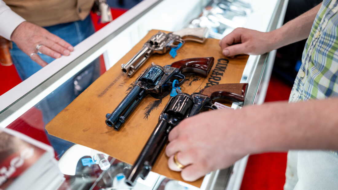 Revolvers are displayed on a countertop during the NRA conference on April 18 in Houston, Texas.