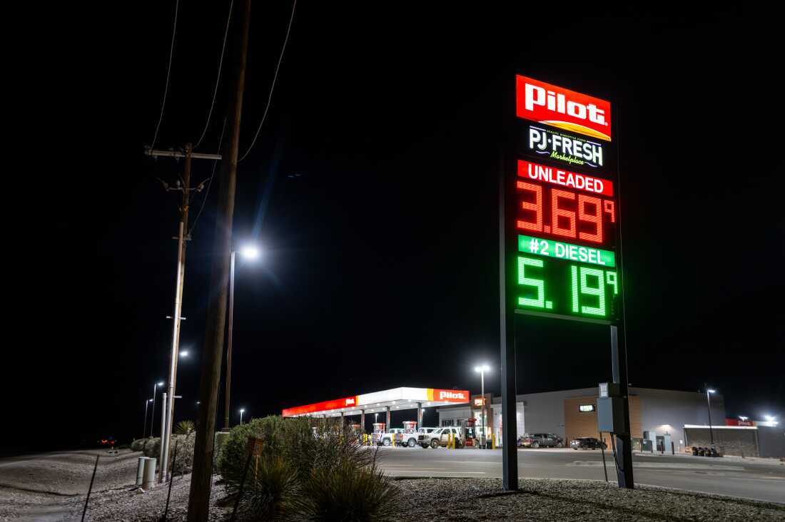 Gas and diesel prices are displayed at a Pilot Travel Center on March 17, 2026 in Pyote, Texas.