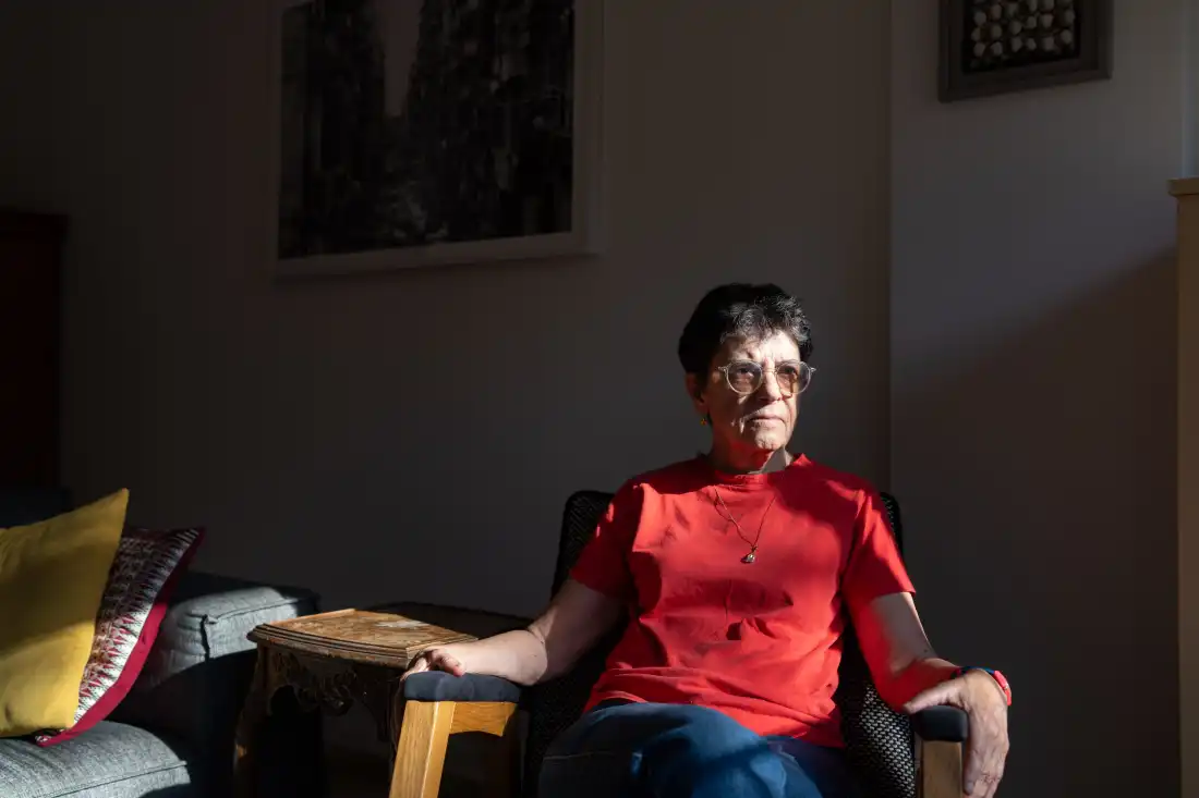 Anat Saragusti, an Israeli journalist who reported from Gaza in the 1990s and early 2000s for Israeli Channel 12 TV, poses for a portrait in her home in Tel Aviv.