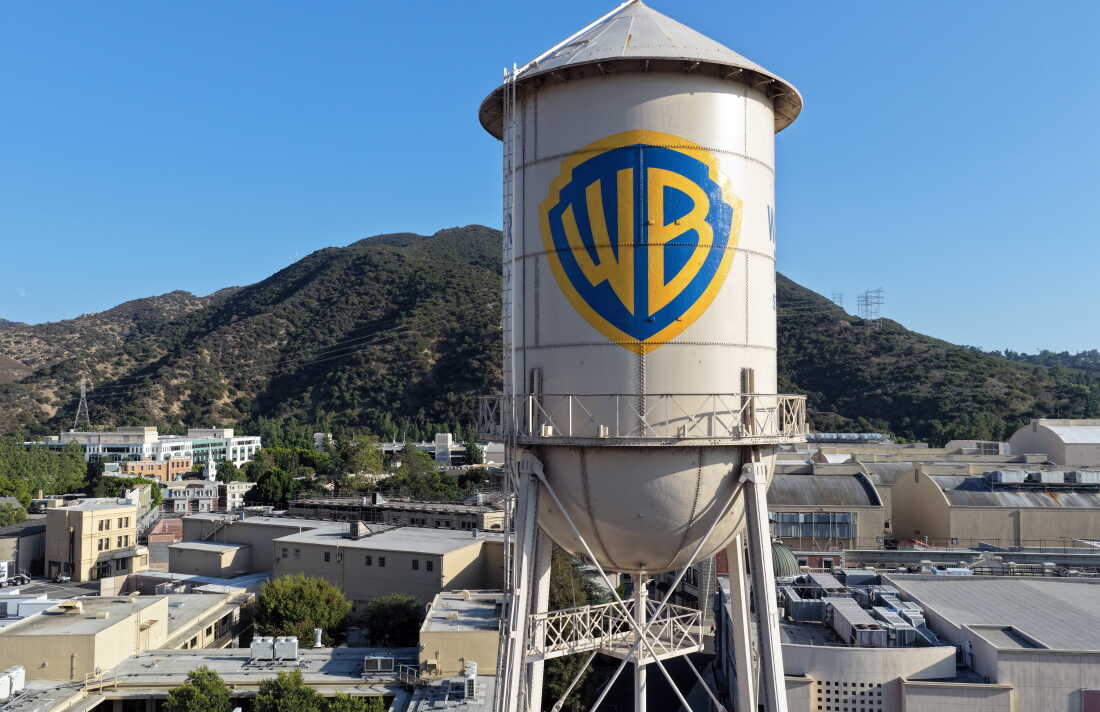 In an aerial view, the Warner Bros. logo is displayed on the water tower at Warner Bros. Studio last month in Burbank, Calif.
