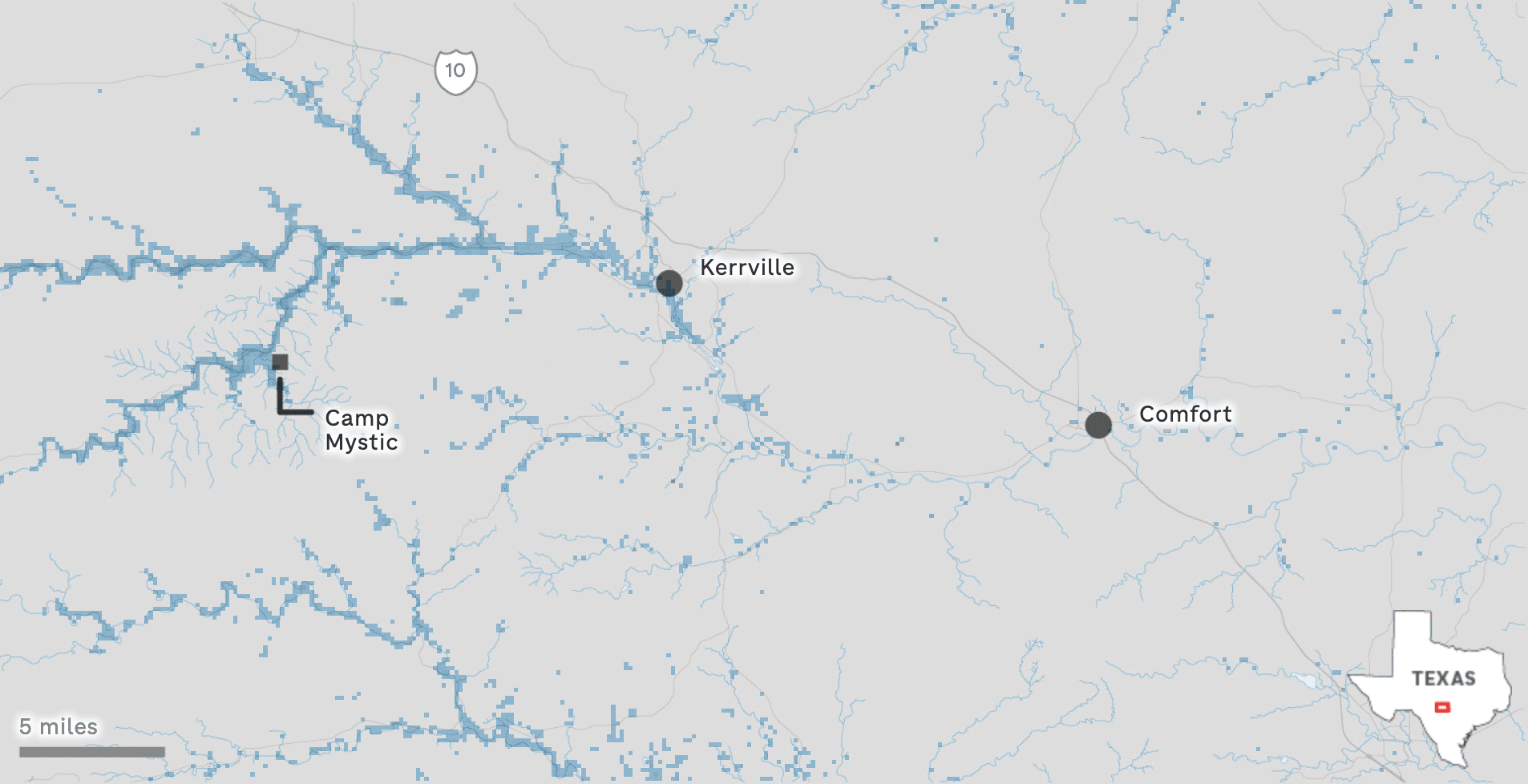 Map showing estimated flood intensity around Kerr County, Texas, on July 4, 2025.